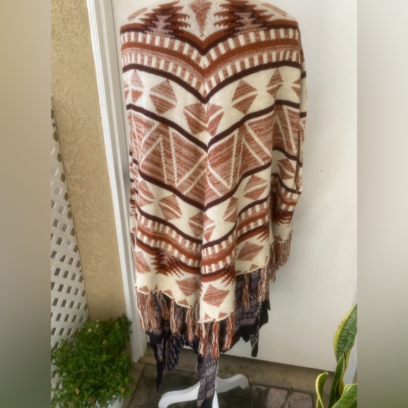 vintage earth tone fringed shawl poncho cape native design - Picture 5 of 15